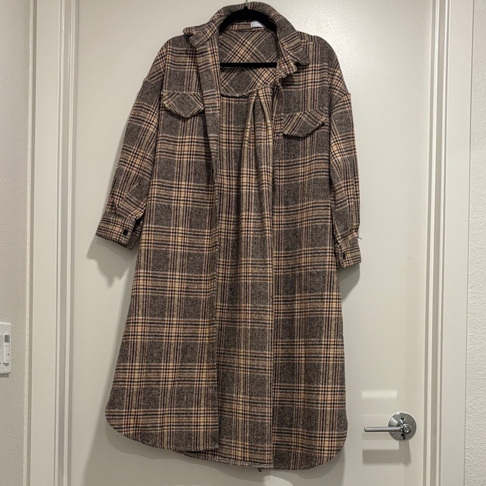 OAK + FORT Plaid Coat in Brown and Tan